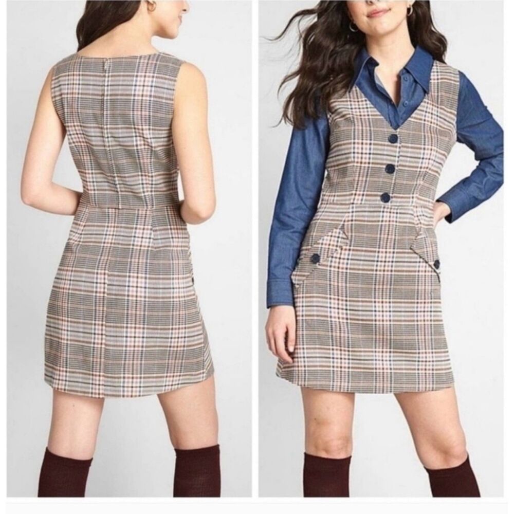 ModCloth Dress Plaid Button Up Tank Foe Pockets Bodycon Houndstooth Mini W10 M - Picture 2 of 7